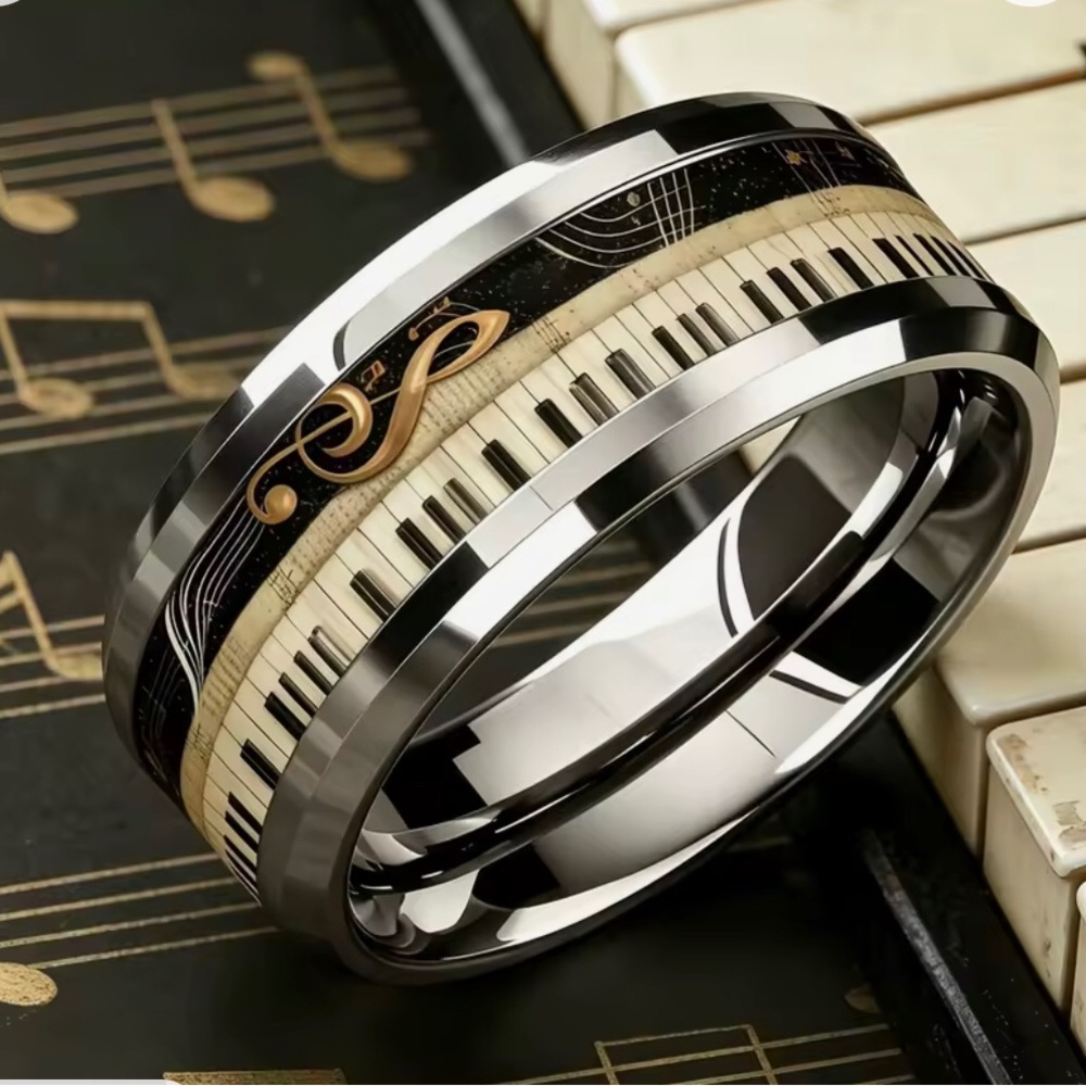 Music Note Men's Tungsten Ring in Black and Gold - Piano Keyboard Design